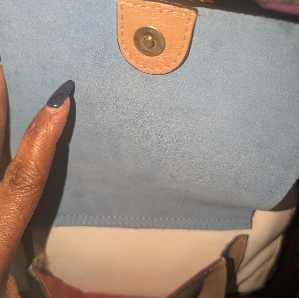 Furla Leather Colorblock 2-way Satchel Bag - White, Tan & Blue - Picture 5 of 6